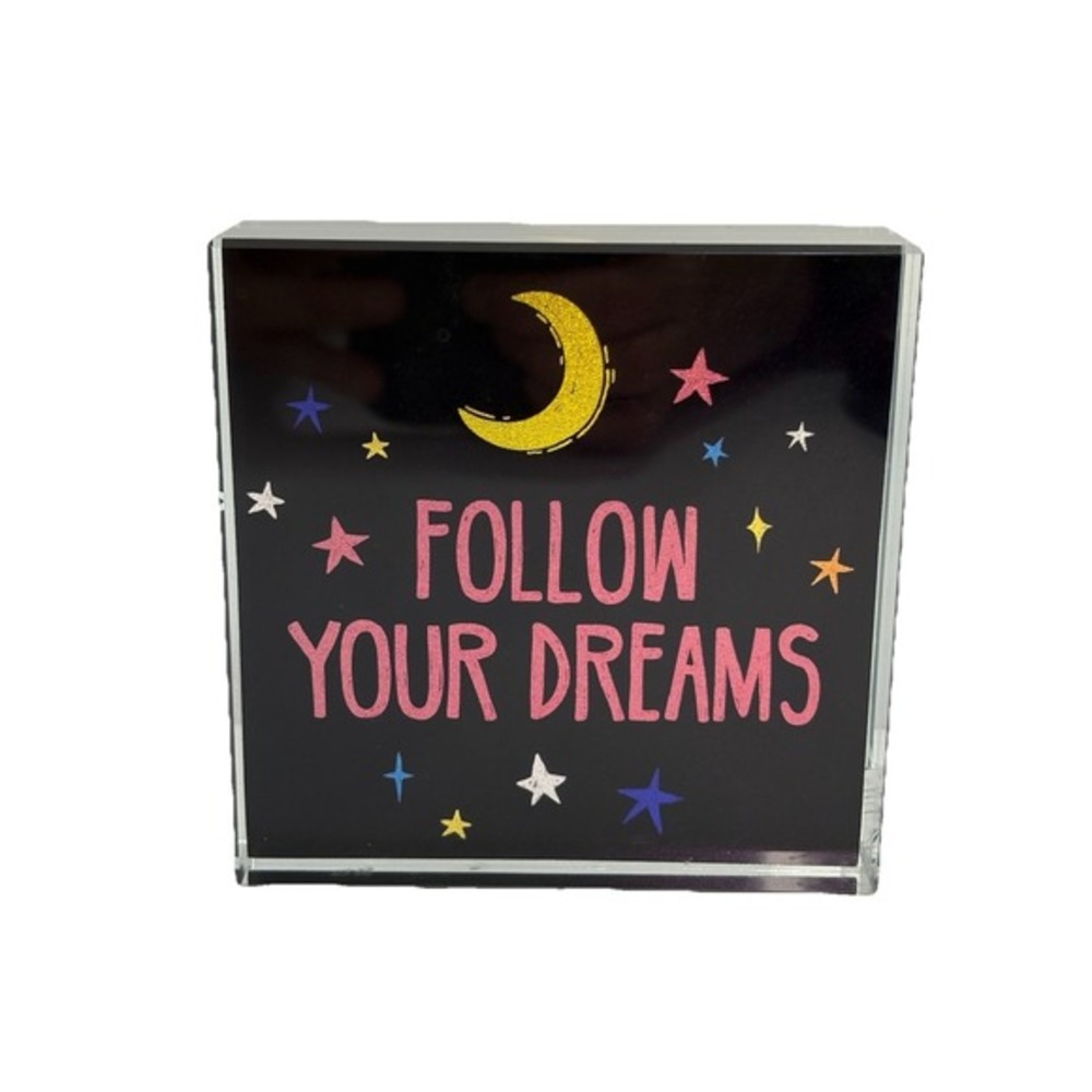 Follow Your Dreams Inspirational Quote Decorative Glass Block Plaque Moon Stars